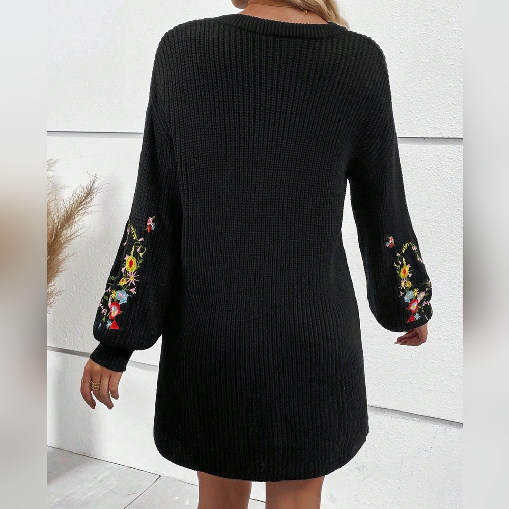 Floral Embroidery Drop Shoulder Sweater Dress - Picture 7 of 7